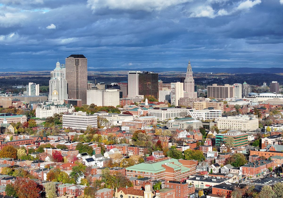The Hartford, Connecticut skyline along the Connecticut River.